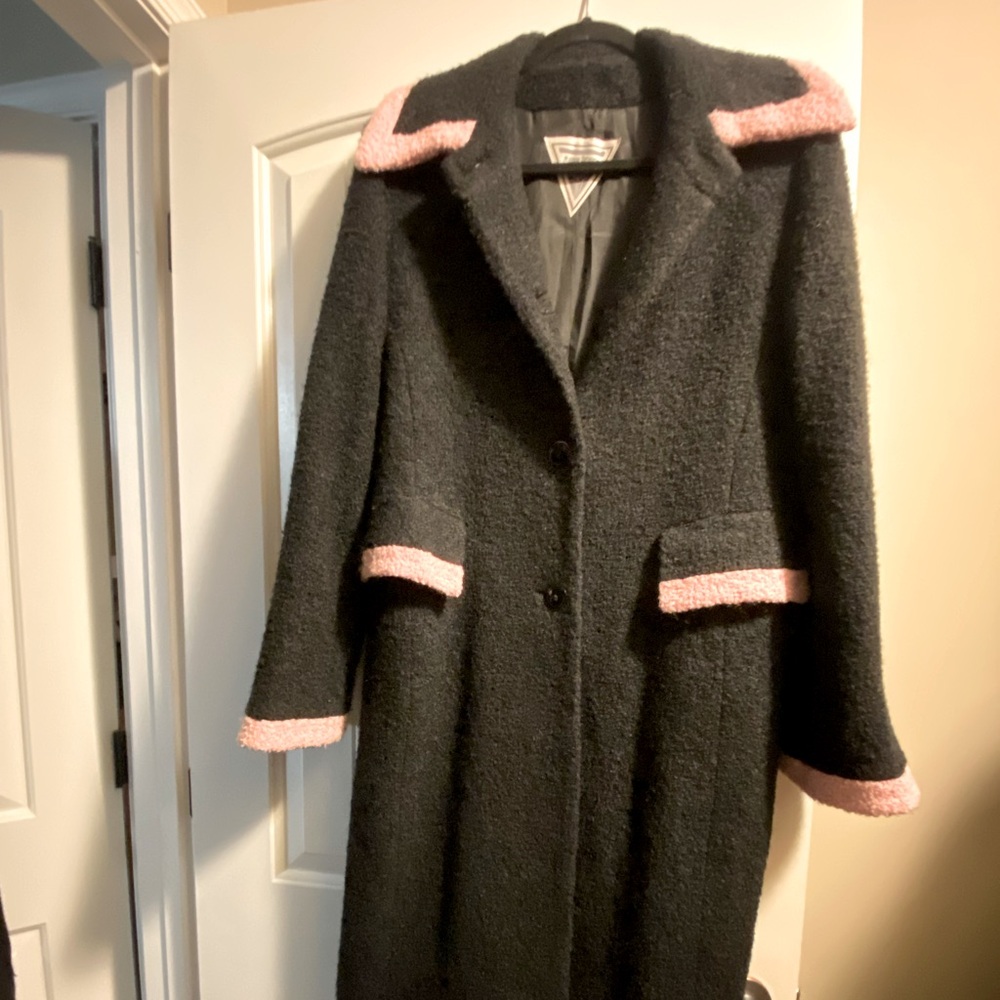 Women’s Long Black Wool Coat With Pink Trim Size 10